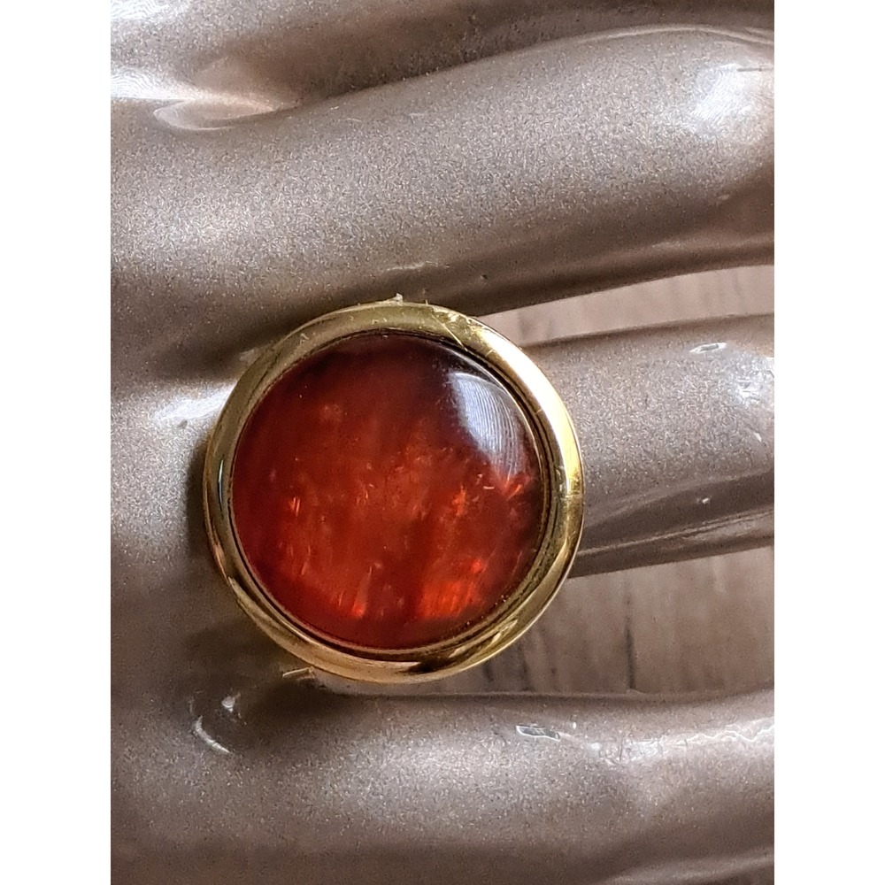 Vintage Gold Tone Adjustable Ring Round Faux Amber Cabochon Statement Jewelry